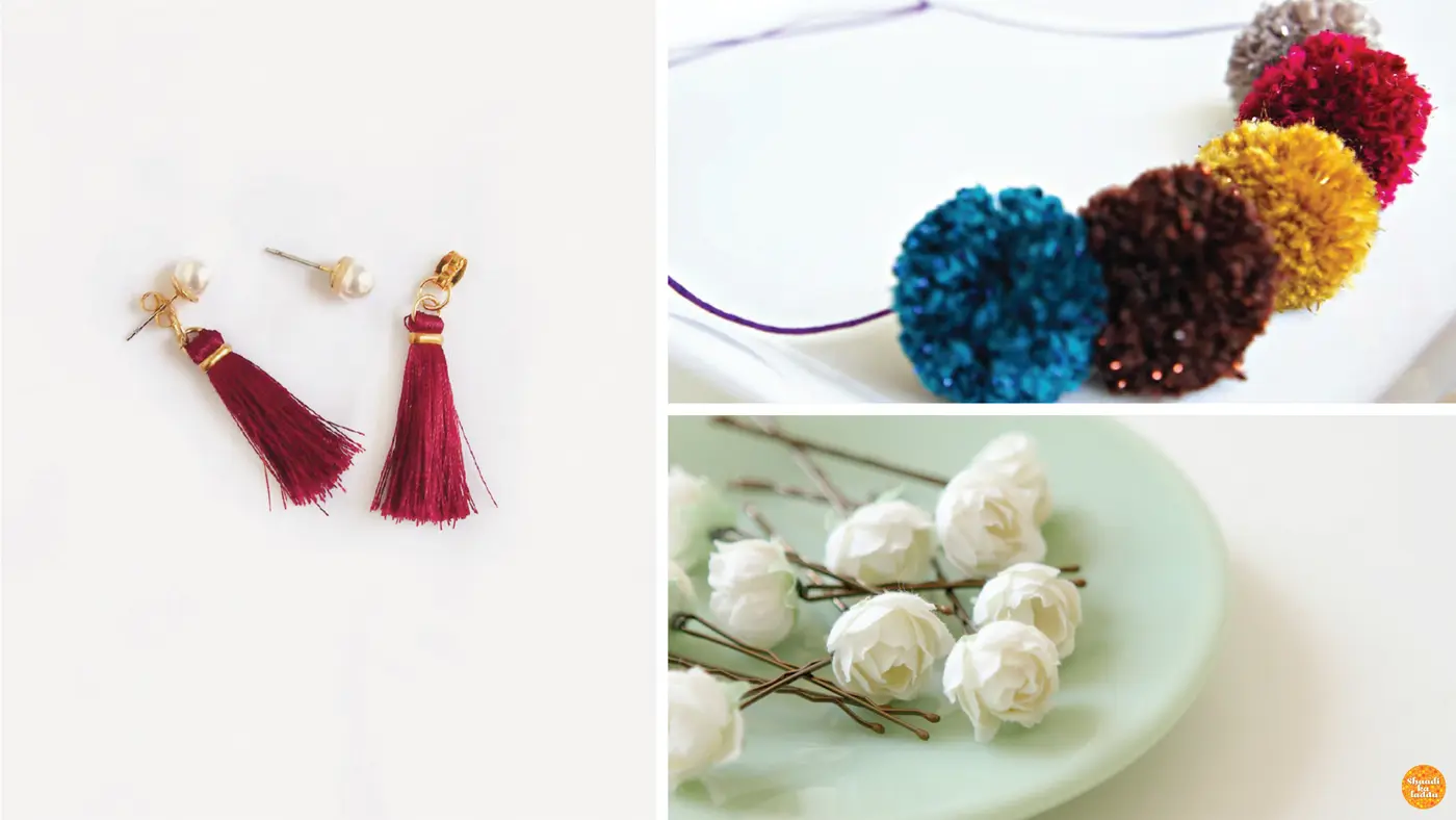 Earrings pieces of pom poms and small flowers