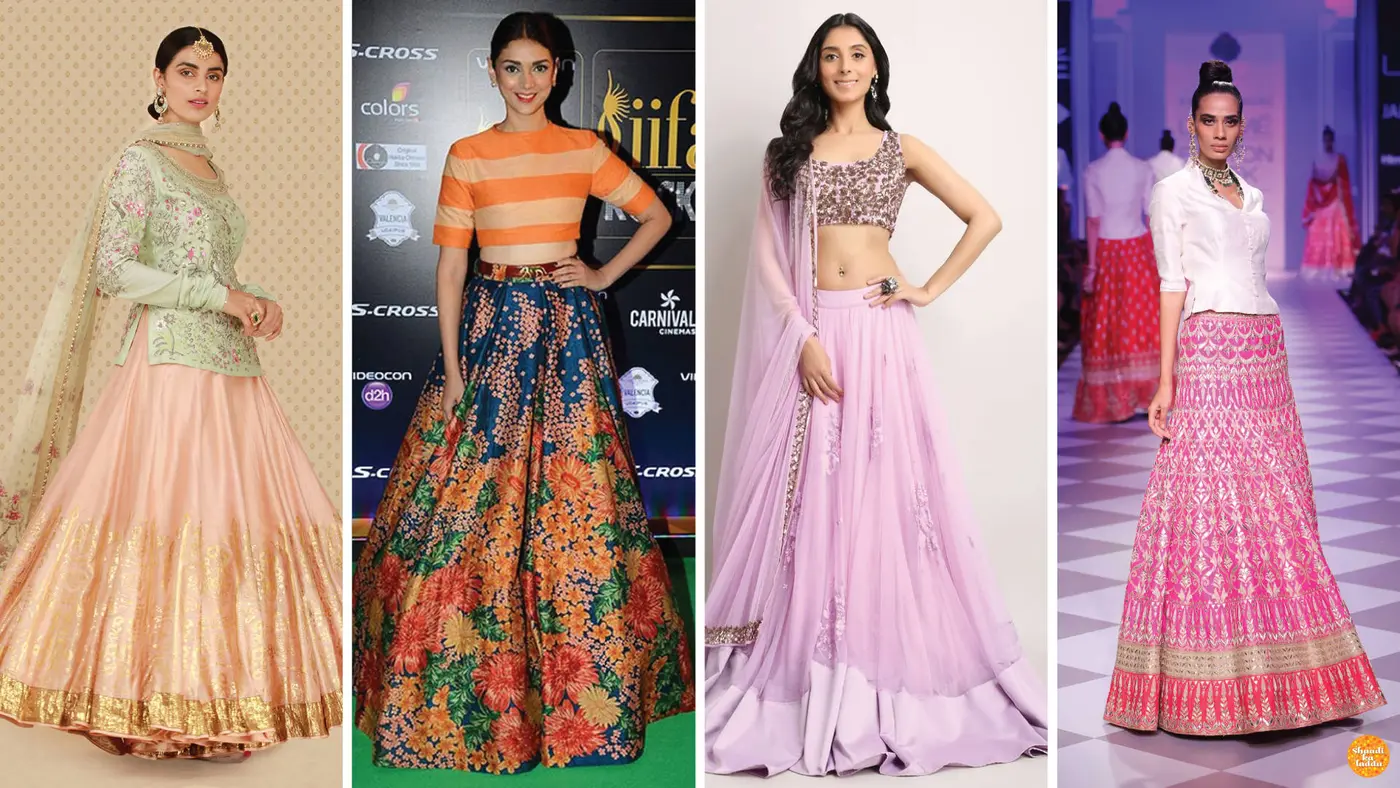 Models wearing lehengas in different styles and fashions
