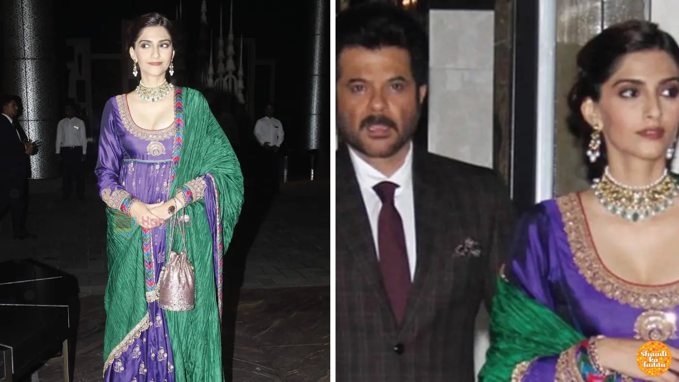sonam kapoor in blue & green Anarkali at Shahid & Mira Kapoor’s wedding reception