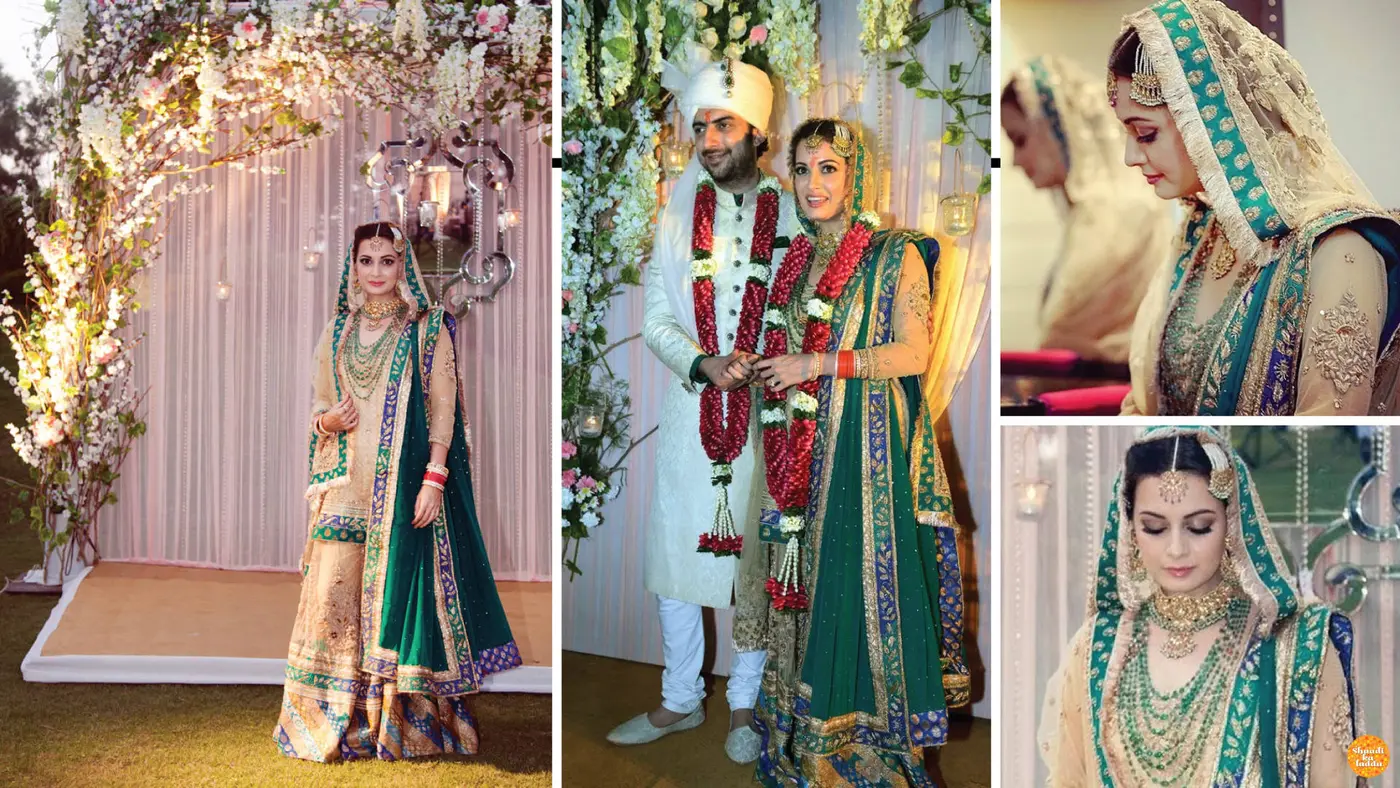 Dia mirza beige and green lehenga at her wedding.
