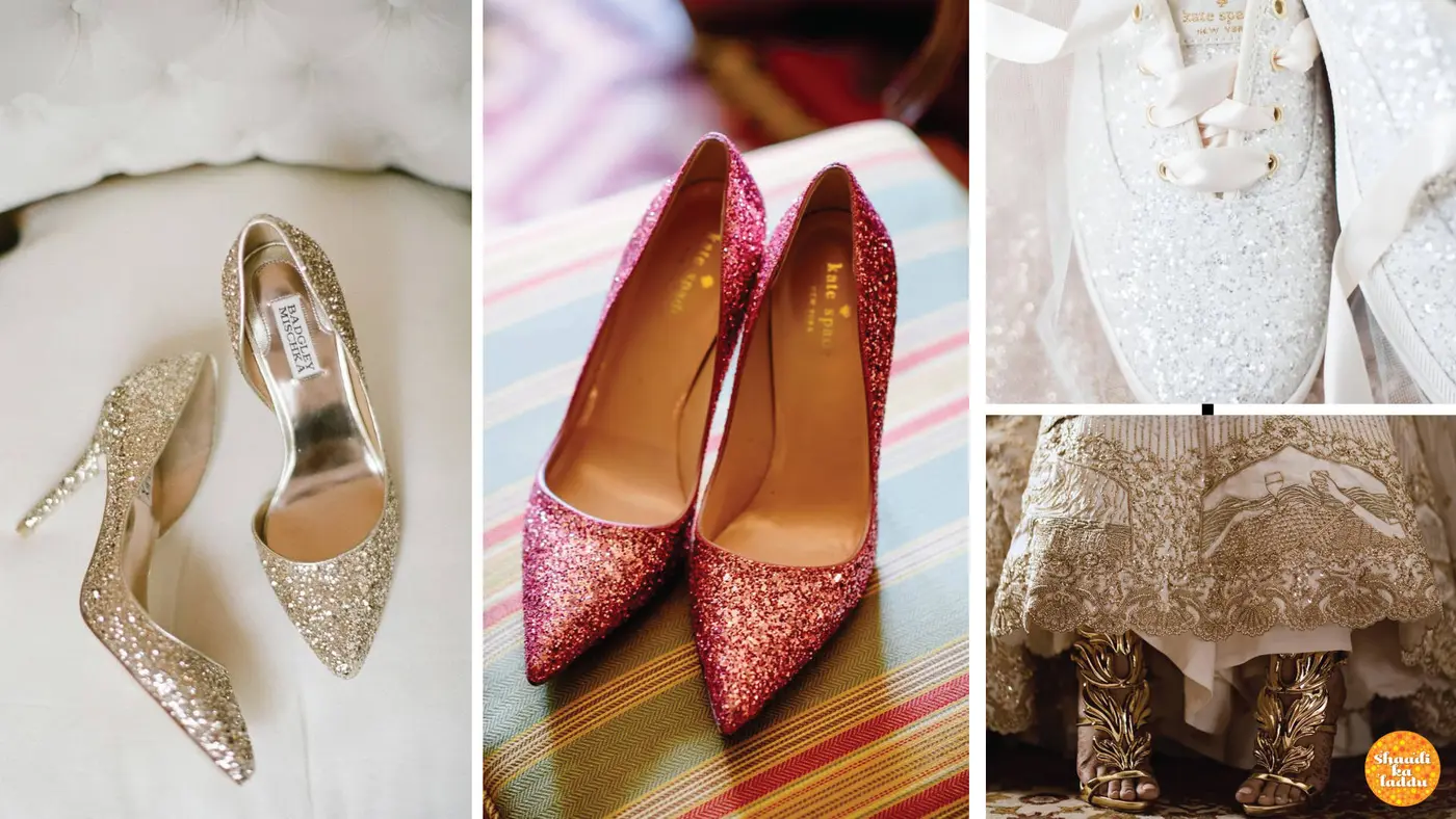 Sandals with pink glitter and golden glitter heels