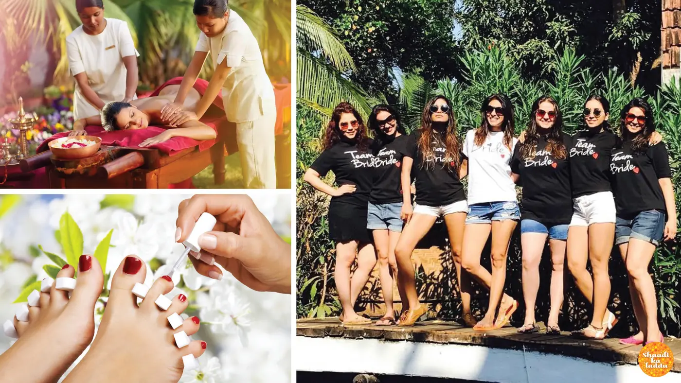Girls at bachelorette party, bride taking spa massage and pedicure
