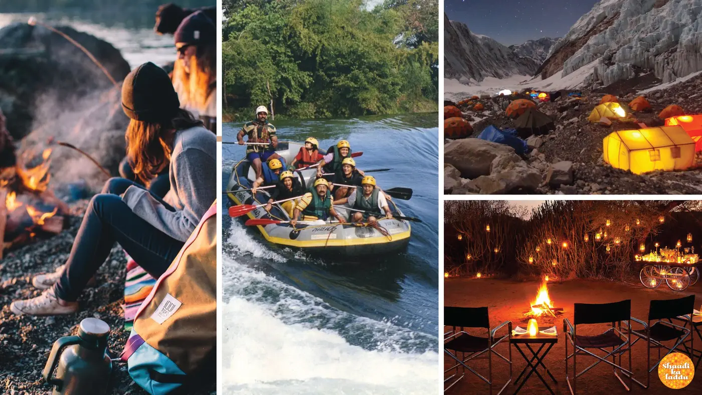 Girls at camping trip, bonfire, river rafting