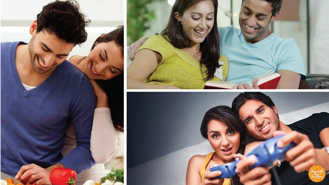 Couples reading together, playing video games together