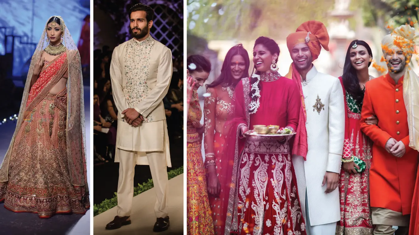 models on ramp wearing bridal lehengas and group of guests diplaying wedding collections