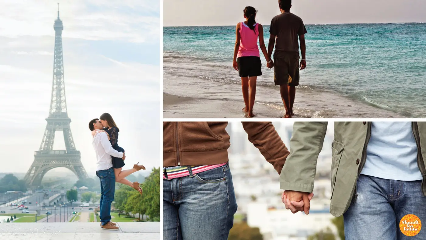 Couple at Eiffel tower, couple at beach