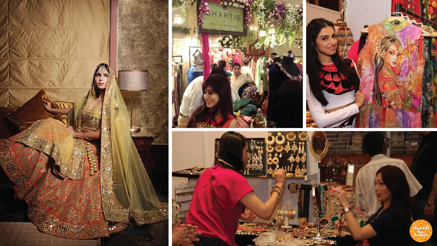 Model wearing heavy bridal lehenga and respective wedding designer shops with wedding jewellery