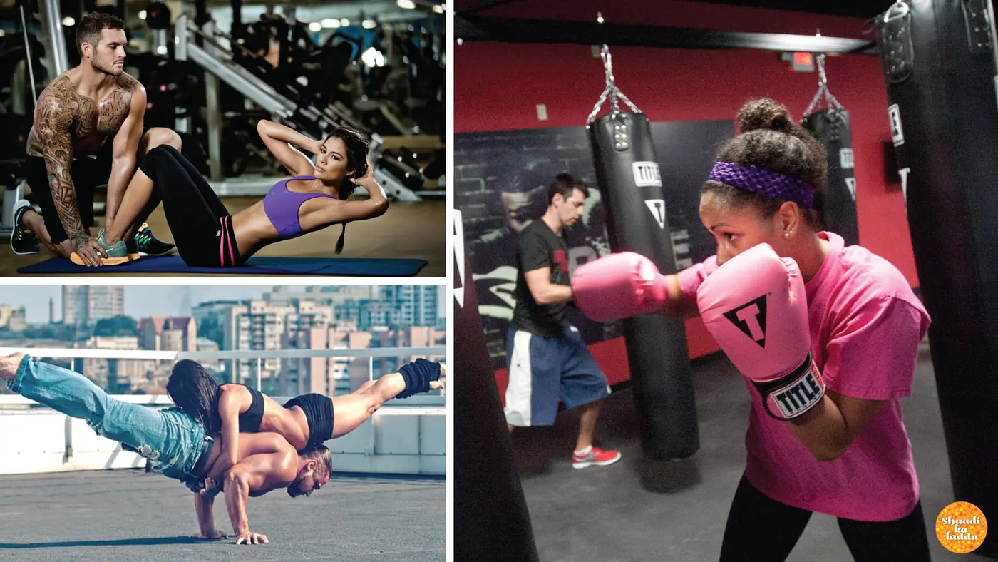 Gym workout, couple working out together at gym