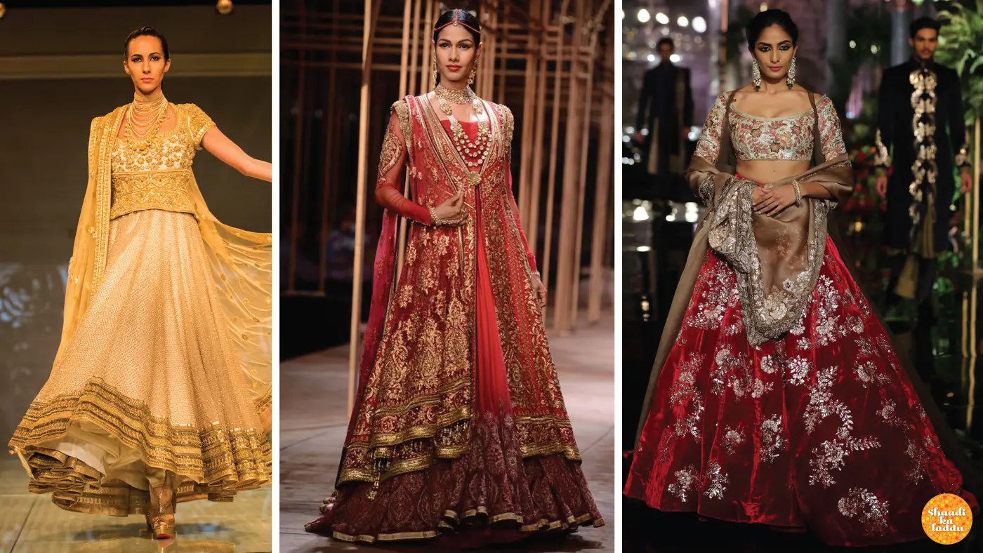 Designer bridal collection lehengas in ivory, red and silver