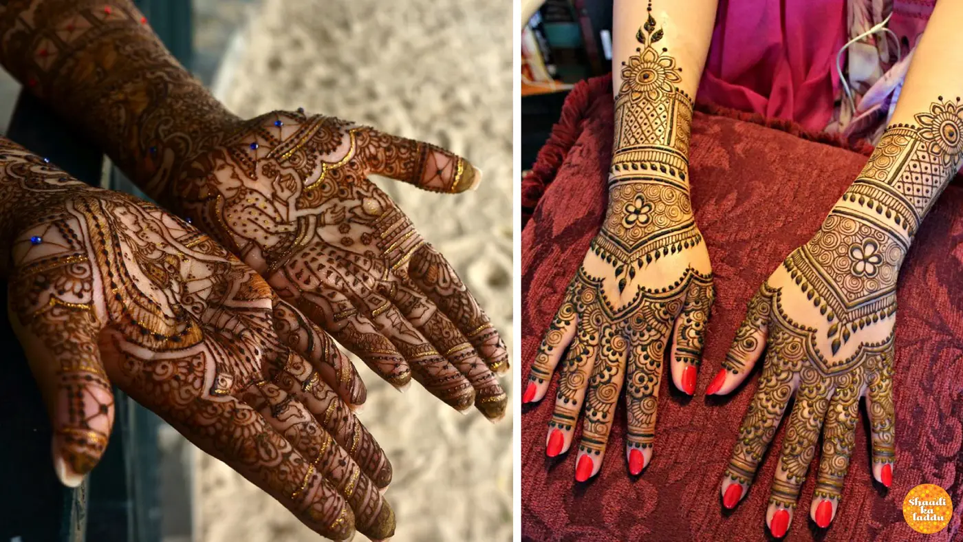 Bridal batik mehndi design with pictures of dulha and dulhan