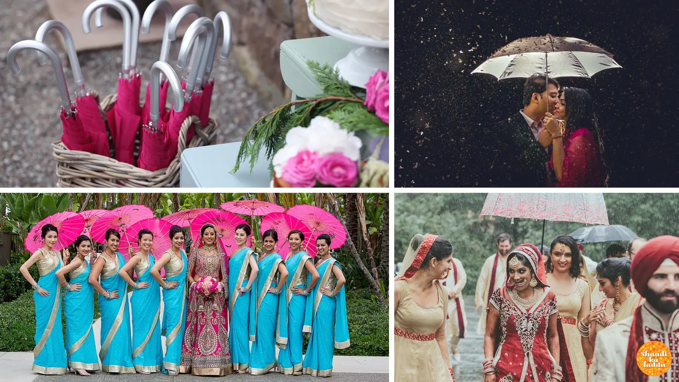 Umbrellas, monsoon wedding photoshoots and bride in rain