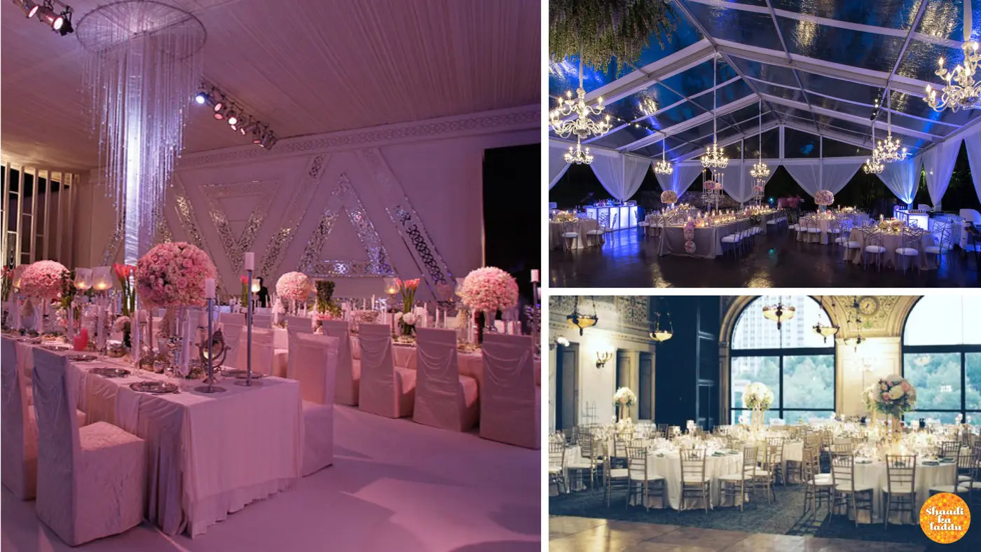 Elegant wedding decor with use of flowers and lights in pink, blue and white themes