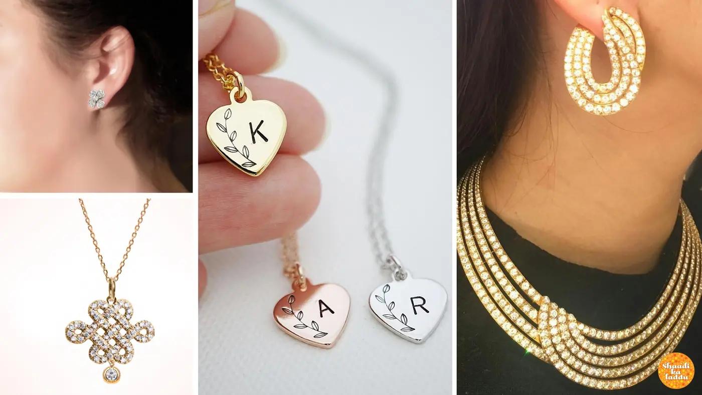 Engraved pendants and diamond pendants, earrings