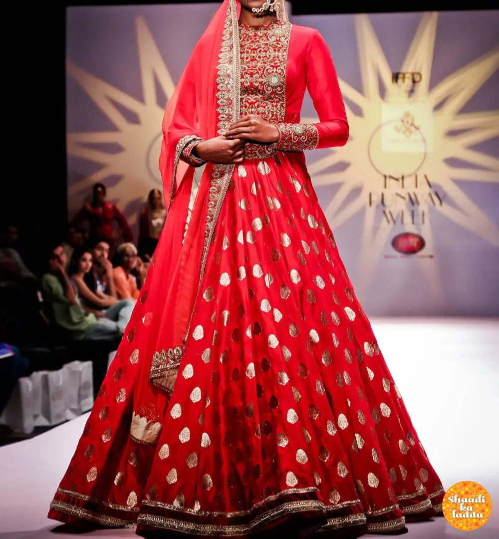 Red Benarasi Anarkali with golden motifs