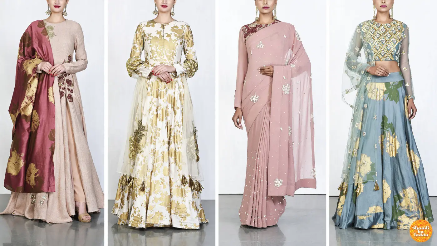 Models wearing anarkali, lehenga and sarees