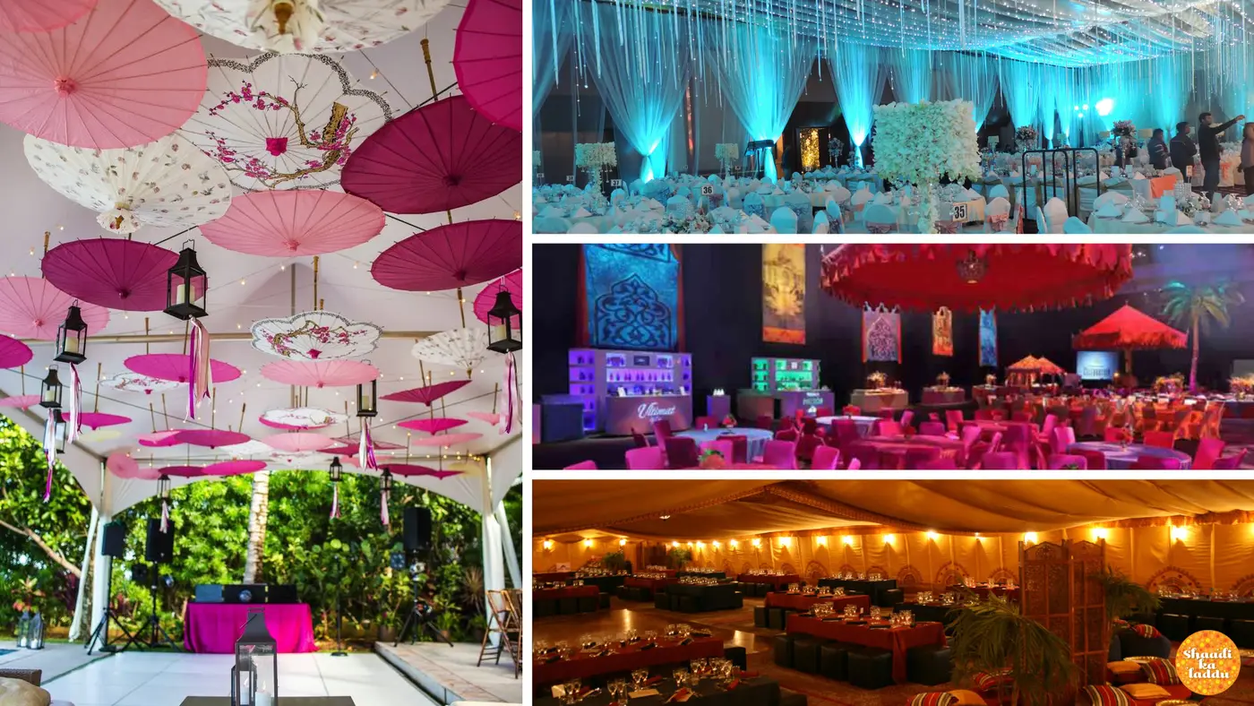 Wedding decor ideas for monsoon theme wedding using umbrellas and light effects