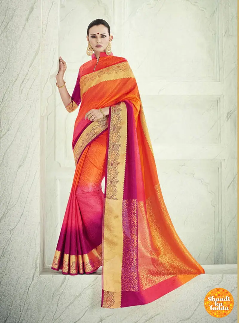 Traditional Benarasi silk saree with contrasting color combinations