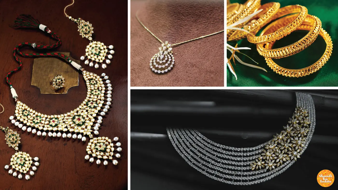 Range of Kundan, diamond, gold necklaces and bangles for bride