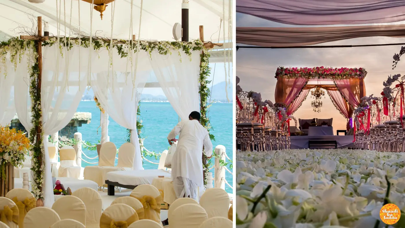Beach wedding floral decorations in white theme