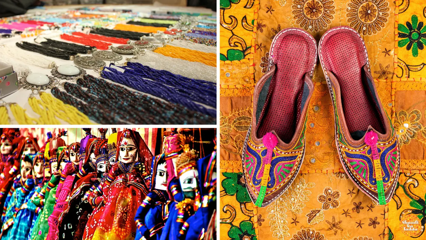 Jaipur embroidery, silver jewellery, gemstones and traditional shoes