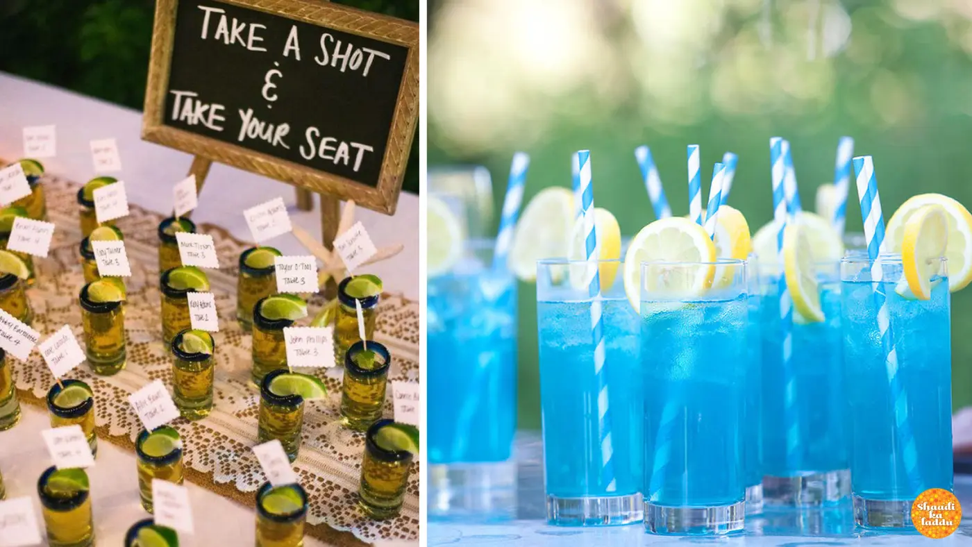 Aesthetically served low alcohol shots, cocktails like Blue Lagoon also adds to the wedding decor