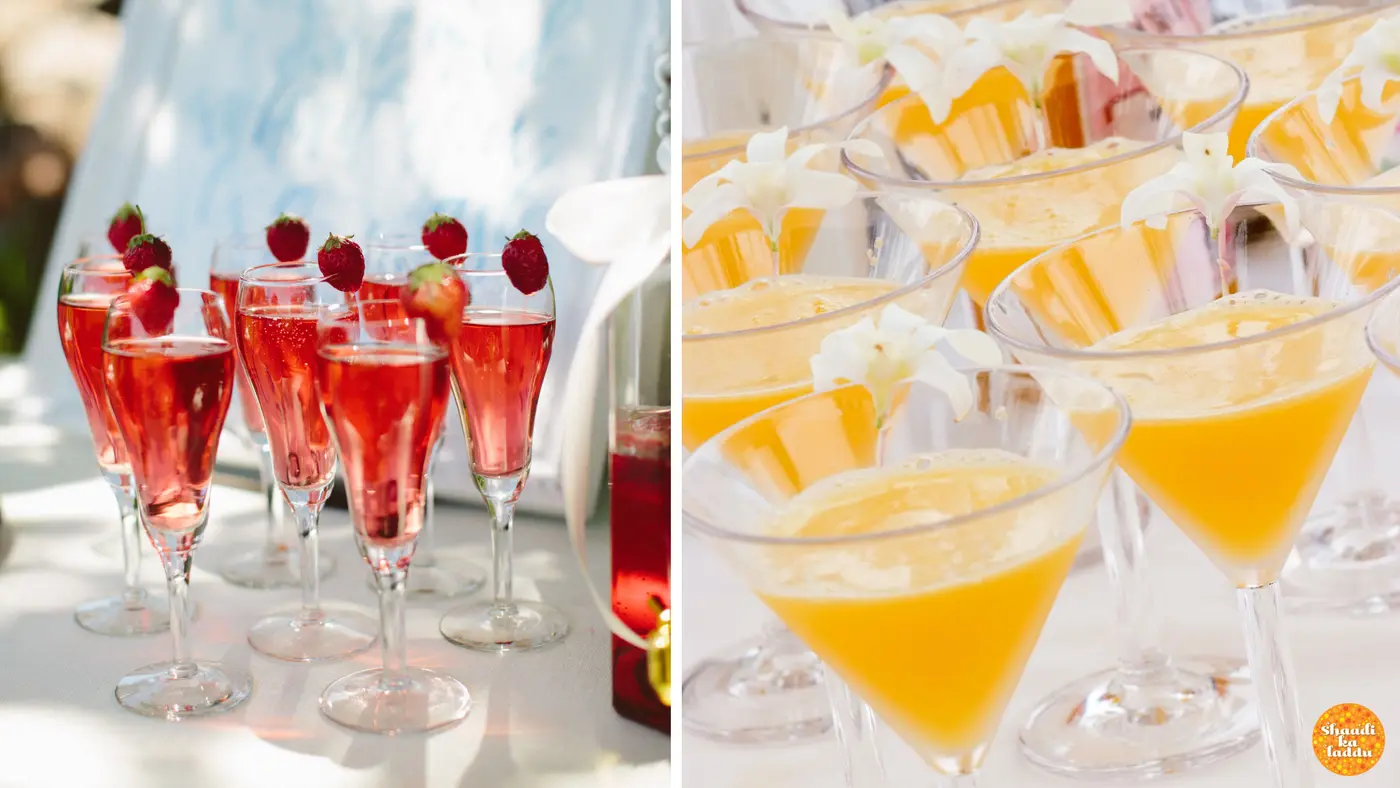 Cocktails in the hues of vibrant Red and Yellow colors with dash of flowers and fruits, make the bar and evening lively