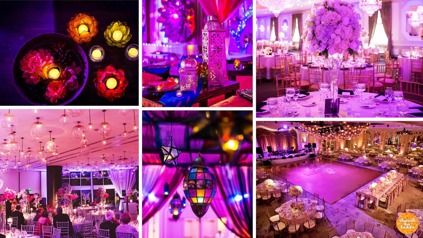 beautiful and creative usage of different schemes of light for wedding decoration with chick lamps and candles