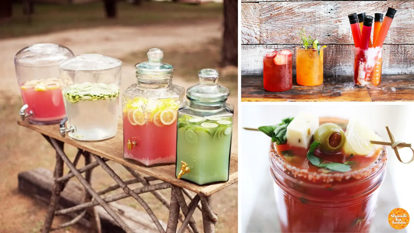 Mason jars, Wine cooler bottles refilled, Help-yourself tapped crocks and jugs,Glassware of different shapes and sizes for serving cocktails