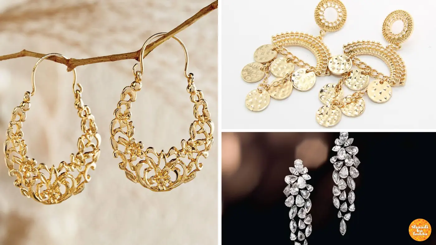 Heavy variety of danglers, chandeliers, and hoops earrings