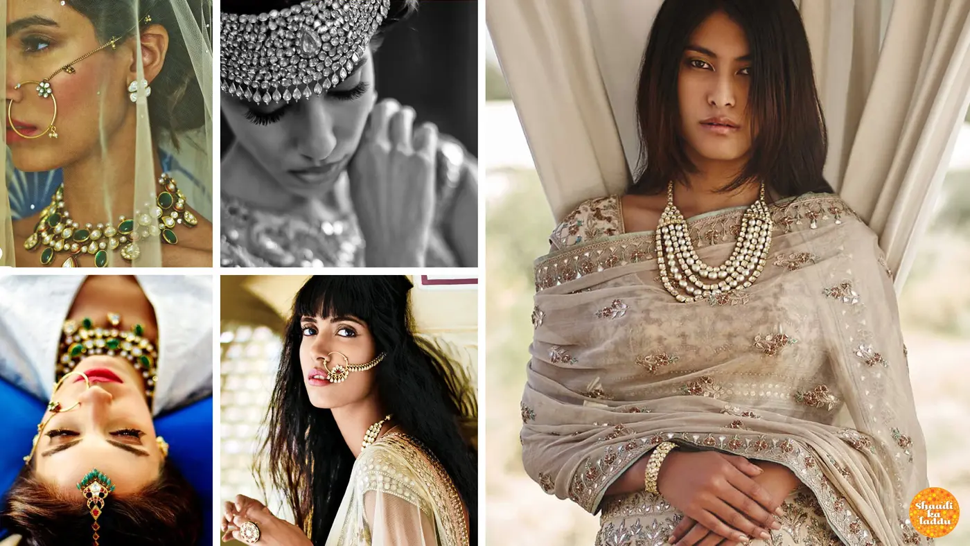 Models wearing kundan neck piece, gemstone studded nose ring, trendy Jaipur thewa chokers
