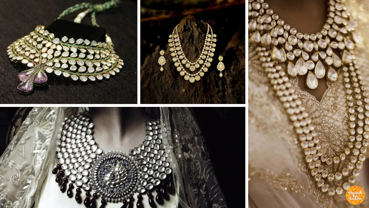 Heavy Kundan necklaces and earrings, Kundan long neckchains, Silver jewellery mixed Kundan gemstones neckpiece